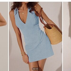 Commense V-Neck Sleeveless Short Dress. Blue.